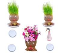 Tête d'Herbe pour Faire Pousser Les Cheveux, Pot à Tête de Poupée, Plante Verte de Bureau, Mini Bonsaï avec Plateau, Plante pour Enfants (Arrosoir)