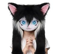 Têtes de cosplay à fourrure - Masque du chat animal avec de grands yeux et des cheveux longs | Costume en peluche réaliste pour femmes et hommes Conventions animées Performances Théâtre Parties Hallow