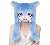 Têtes De Cosplay En Fourrure - Masque Complet Chat Grands Yeux Poils Longs,Accessoire De Costume Réaliste Props Cosplay Pour Performance Théâtrale Fête D Halloween Bal Masqué Et Convention Anime
