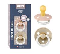 Tétine BIBS Colour Glow. Lot de 2 sucettes. Brillent dans le noir. Sans bisphénol A, Téterelle ronde. Latex de caoutchouc naturel. Taille 1 (0-6 mois), Blush NIGHT/Vanilla NIGHT