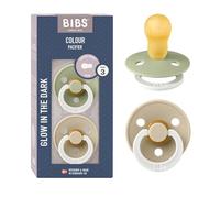 Tétine BIBS Colour Glow. Lot de 2 sucettes. Brillent dans le noir. Sans bisphénol A, Téterelle ronde. Latex de caoutchouc naturel, Taille 3 (plus de 18 mois), Sage Glow/Vanilla Glow