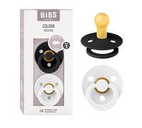 Tétine BIBS Colour. Lot de 2 sucettes. Sans bisphénol A. Téterelle ronde en latex naturel. Fabriqué au Danemark. Taille 1 (0-6 mois), Black/White
