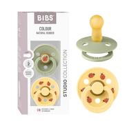 Tétine BIBS Studio. Lot de 2 sucettes. téterelle ronde en latex naturel, sans bisphénol A, Fabriqué au Danemark, Taille 2 (6-18 mois), Sage/Pale Butter