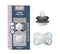 Tétine BIBS Supreme Glow. Lot de 2 sucettes. Sans bisphénol A, Téterelle symétrique. Silicone, Fabriqué au Danemark. Taille 1 (0-6 mois), Iron Glow/Baby Blue Glow