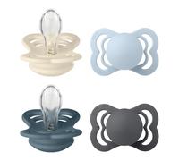 Tétine BIBS Supreme. Lot de 4 sucettes. Sans bisphénol A, Téterelle symétrique. Silicone, Fabriqué au Danemark. Taille 1 (0-6 mois), Ivory/Baby Blue/Petrol/Iron