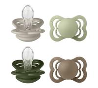 Tétine BIBS Supreme. Lot de 4 sucettes. Sans bisphénol A, Téterelle symétrique. Silicone, Fabriqué au Danemark. Taille 1 (0-6 mois), Sand/Sage/Hunter Green/Dark Oak