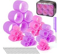 Tetutor Lot de 62 bigoudis auto-agrippants de 6 tailles pour femme, pour cheveux longs, moyens et courts, Jumbo grand, moyen, petit avec 36 rouleaux, 24 clips, 1 sac de rangement, violet et rose