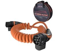 TEUTSCHTECH Câble de charge EV spirale I Orange I 7 m I Type 2 vers TYP2 I 22 kW I 3 x 32 A I 3 phases I Longueur utile env. 4,2 m I Dernière version avec contrôle de la température de charge