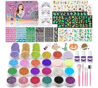 TEUVO 24Couleurs Tatouage Paillette Enfant avec 232Pochoirs, 3 Bijoux Visage, 5Pinceaux, 26 Feuilles Motifs de Tatouages Styles Mélangés, Tatouages Temporaires pour Filles Garçons Noël Halloween