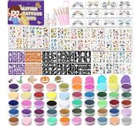 TEUVO 50Couleurs Tatouage Paillette Enfant avec 128 Pochoirs, 12 Bijoux de Visage, 300+ Motifs de Tatouages de Styles Variés, Filles Garçons Tatouages Temporaires pour Noël Halloween Carnaval