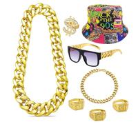 TEUYOE Lot de 8 costumes de proxénète, tenue des années 80 et 90, costume hip hop pour homme, chaîne dollar, grande chaîne dorée, anneau dollar, bracelet doré pour carnaval, fête à thème
