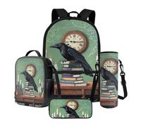 Tevecatos Ensemble sac à dos d'écolier léger 4 en 1 pour garçon et fille avec boîte à déjeuner, trousse à crayons et porte-bouteille d'eau, Raven Clock Book Spider Web, Taille unique, Sacs à dos