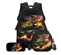 Tevecatos Lot de 3 cartables d'école pour garçons et filles - Sac à dos avec boîte à déjeuner et trousse à crayons - Grand sac d'école pour enfants, Drapeaux américains de tracteur brûlant, taille