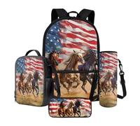 Tevecatos Lot de 4 sacs à dos avec sac à déjeuner, trousse à crayons et porte-bouteille d'eau pour filles et garçons, cadeau de rentrée scolaire, Cheval drapeau américain, taille unique