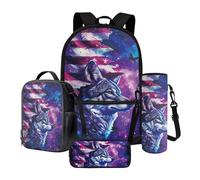 Tevecatos Lot de 4 sacs à dos avec sac à déjeuner, trousse à crayons et porte-bouteille d'eau pour filles et garçons, cadeau de rentrée scolaire, Loup Drapeau Américain Papillon Galaxie, taille unique