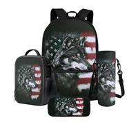 Tevecatos Lot de 4 sacs à dos, boîte à déjeuner, cartables pour enfants avec trousse à crayons et porte-bouteille d'eau, Drapeau américain vintage loup, taille unique