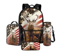 Tevecatos Lot de 4 sacs à dos, boîte à déjeuner, cartables pour enfants avec trousse à crayons et porte-bouteille d'eau, Drapeau américain de la forêt de chasse aux élans, taille unique