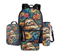 Tevecatos Lot de 4 sacs à dos d'école pour enfants garçons avec sac à déjeuner, trousse à crayons et porte-bouteille d'eau, Peinture paresseux tournesol, taille unique