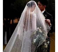 TEWAX Voile de mariée à 2 niveaux avec perles - Blanc / Ivoire/Champagne - 300 cm