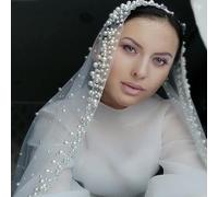 TEWAX Voile de mariée en perles Femme Blanc ivoire 2023 Nouveaux accessoires de mariage 1,5m de large Une couche cathédrale au sol