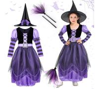 TEWWCEO Déguisement d'Halloween Sorciere Enfant pour Fille, Kit Sorciere Robe avec Chapeau de Sorcière, Balai, Ceinture, Costume Sorciere Enfant pour Halloween Carnaval, pour Fille 7 à 8 Ans, L