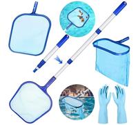 TEWWCEO Épuisette de Surface Piscine,Kit de Piscine Nettoyage,Filet à Mailles Fines Épuisette Piscine,Filet de Piscine avec Manche Télescopique en Aluminium et Gants,pour Piscines,Spas,Fontaine,Étang