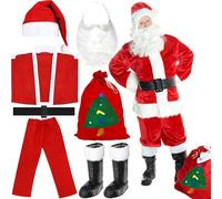 TEWWCEO Homme Costume de Père Noël 7pcs Déguisement de Père Noël Homme Adulte Costume Déguisement Noël Rouge Velours de Luxe Vêtement de Père Noël pour Saint Nicolas, Noël, Carnaval, Fête à Thème