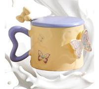 Tewzafiya Tasse papillon - Tasse en céramique élégante 350 ml | Vaisselle avec couvercle et poignée décorative - Cadeau de Noël pour mères et amis