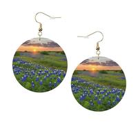 Texas Bluebonnets Boucles d'oreilles rondes élégantes en cuir Motif paysage des Bluebonnets Accessoires tendance et uniques pour un usage quotidien, taille unique