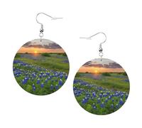 Texas Bluebonnets Boucles d'oreilles rondes élégantes en cuir Motif paysage des Bluebonnets Accessoires tendance et uniques pour un usage quotidien, taille unique