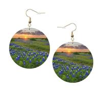 Texas Bluebonnets Boucles d'oreilles rondes élégantes en cuir Motif paysage des Bluebonnets Accessoires tendance et uniques pour un usage quotidien, taille unique