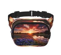 Texas Sunset Bluebonnets Sac banane carré double couche avec sangle réglable pour course à pied, voyage, randonnée, Noir , Taille unique