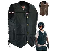 Texpeed Gilet moto en cuir pour homme coupe - Véritables poches fermeture éclair de qualité moto/coupe gilet avec côtés tressés Noir - XXL