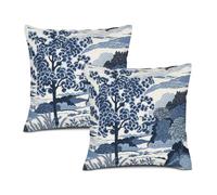 Texsource Lot de 2 housses de coussin carrées décoratives en coton et lin Motif arbre Bleu 45,7 x 45,7 cm