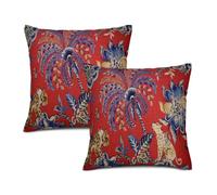 Texsource Lot de 2 housses de coussin décoratives en lin de style bohème pour canapé, lit, sofa, 45 x 45 cm, motif léopard et palmier, rouge/bleu