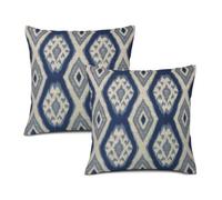 Texsource Lot de 2 housses de coussin décoratives en lin de style bohème pour canapé, lit, sofa, motif médaillon Ikat bleu ivoire, 45 x 45 cm
