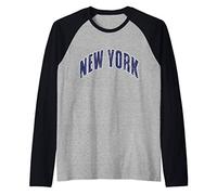 Texte bleu navy classique rétro vintage NEW YORK - Gris Manche Raglan