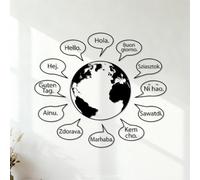 Texte « Bonjour » en plusieurs langues, carte du monde, logo de café Stickers muraux en vinyle Multicolore 54.6x62.8cm Noir