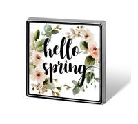 Texte Hello Spring Couronne florale vert sauge unisexe broches et épingles carrées légères pour vêtements châle chapeau
