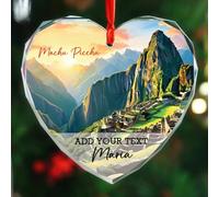 Texte/nom personnalisé Machu Picchu du Pérou Décoration de Noël en verre en forme de cœur Machu Picchu 2025, Cusco Pérou Paysage Souvenir Ornement de Noël Cadeaux pour les voyageurs amateurs de voyage