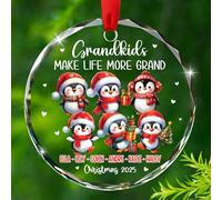 Texte personnalisé et nom au choix - Ornement en verre 6 petits-enfants en forme de pingouin - Cadeau idéal pour un anniversaire de mariage - Décoration de Noël personnalisée en verre de la part des