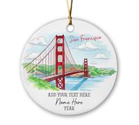 Texte personnalisé Nom et année Golden Gate Bridge San Francisco Ornement de Noël 2025, décoration de Noël personnalisée Golden Gate Bridge en céramique, meilleurs sites de San Francisco Ornements