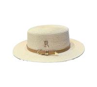 Textiluna Chapeau de Soleil d'été en Paille à Dessus Plat for Femmes, Chapeau de Plage à la Mode avec Lettre R en métal, Chapeau de for Vacances, Chapeau canotier(Beige)