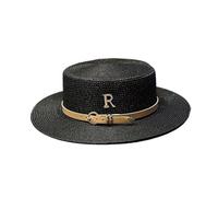 Textiluna Chapeau de Soleil d'été en Paille à Dessus Plat for Femmes, Chapeau de Plage à la Mode avec Lettre R en métal, Chapeau de for Vacances, Chapeau canotier(Black)