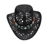 Textiluna Chapeau De Soleil Tissé en Corde De Papier, Unisexe, en Paille, Perles, Chapeau De Cowboy Vintage(Black)