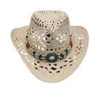Textiluna Chapeau De Soleil Tissé en Corde De Papier, Unisexe, en Paille, Perles, Chapeau De Cowboy Vintage(Beige)