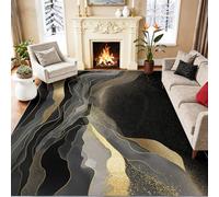 Texture Horizontale Lignes Ondes Fluides Tapis de Salon 160 x 230 cm Lavable Noir Or | Abstrait Minimaliste, Antidérapant Tissu Ras Court Doux, pour Tapis Chambre Salle à Manger Salle des Enfants