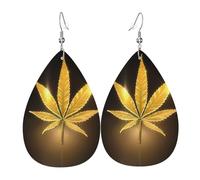 Texture légère et luxueuse : convient pour un usage quotidien, une fête, un rendez-vous galant, boucles d'oreilles en cuir imprimé cannabis doré en forme de larme