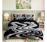 Texture Marbre Tourbillon Parure de Lit 140 x 200 cm Housse de Couette | Noir Impression Ensemble de literie Noir Blanc Lignes Fluides Entrelacées Douce Literie, Antibactérien Housse de Couette
