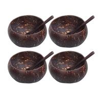 Texvora 4er-Set Kokosschalen, natürlich von Hand polierte Açaí-Schalen mit Holzlöffeln, aus alter Kokosnussschale, 15 cm Salat- und Dessertschalen, rustikales Tafelgeschirr